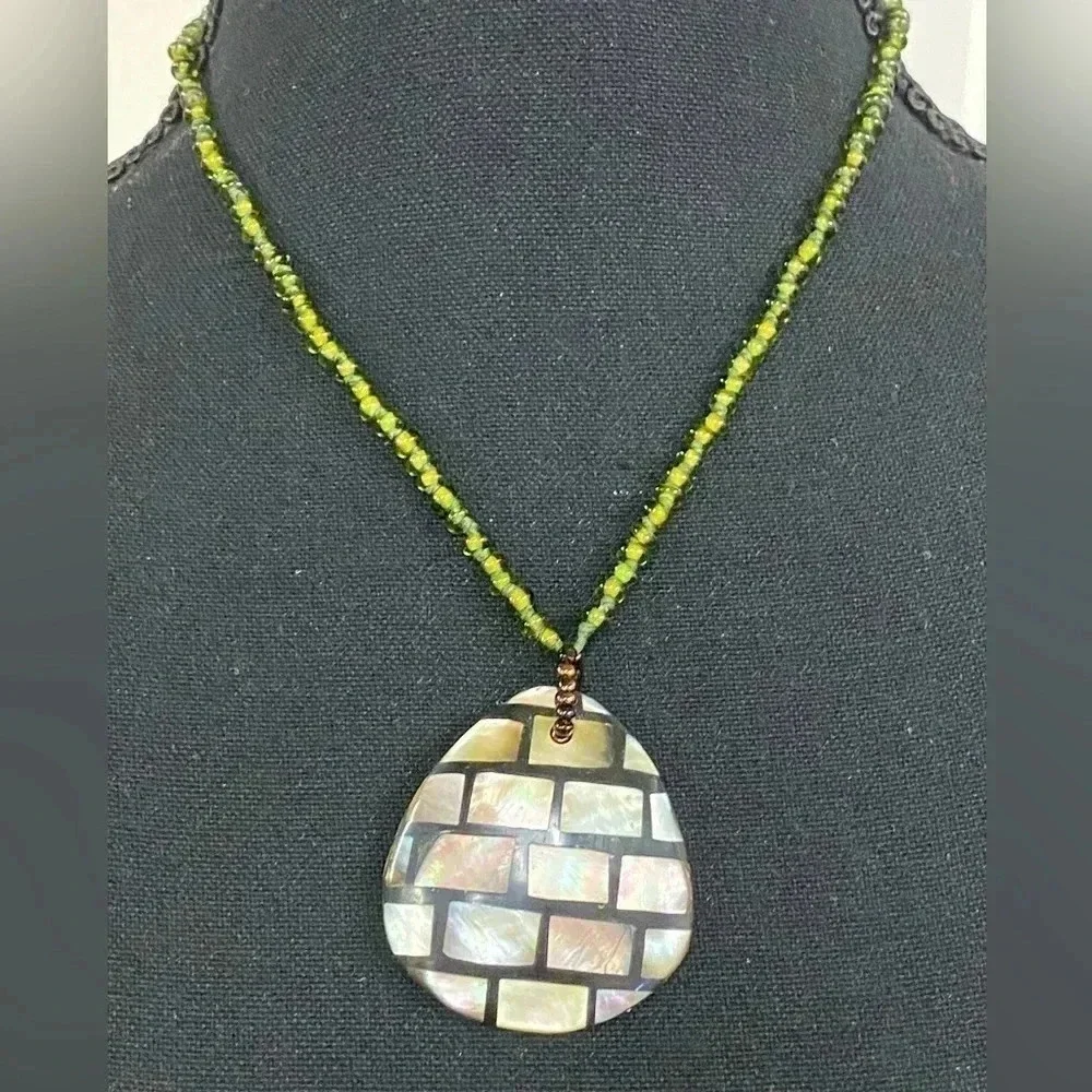Mother Of Pearl And Beaded Necklace. Adjustable Length 14-17”